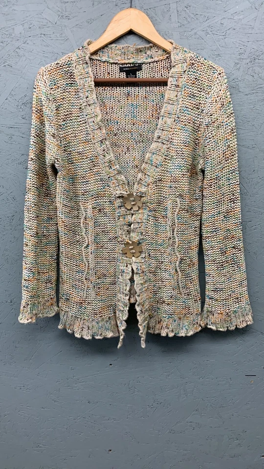 BCBG MaxAzria Cardigan Women’s Large Multicolor Knit Flower Button Sweater - Image 4 of 4