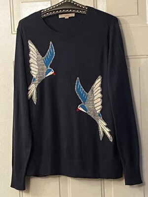 LOFT Sz L Womens Sweater Pullover Navy Long Sleeve Blue Birds