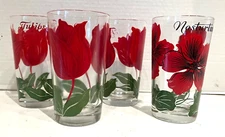VTG BOSCUL PEANUT BUTTER SET/4 SWANKY SWIG TULIPS/NASTURTIUM DRINKING GLASSES