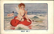 VALENTINE FANTASY Crying Cupid Stranded on Heart Raft c1910 Postcard