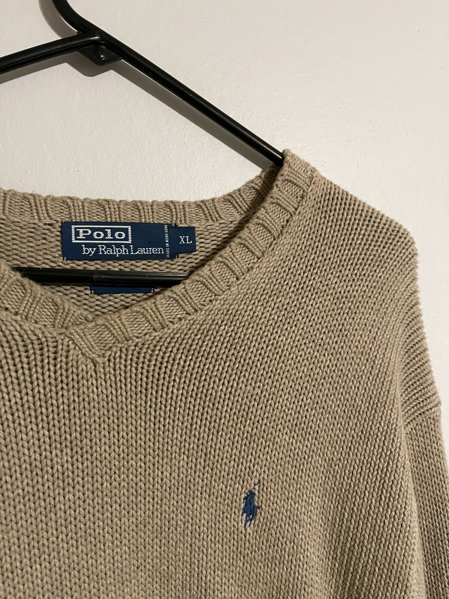 VTG Polo Ralph Lauren V-Neck Cotton Knit Beige Khaki Pullover