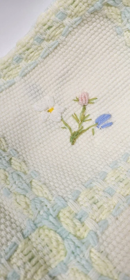 Vintage Harrods Baby Blanket Acrylic Embroidered Knit Floral 34x34" Italy - Image 4 of 4