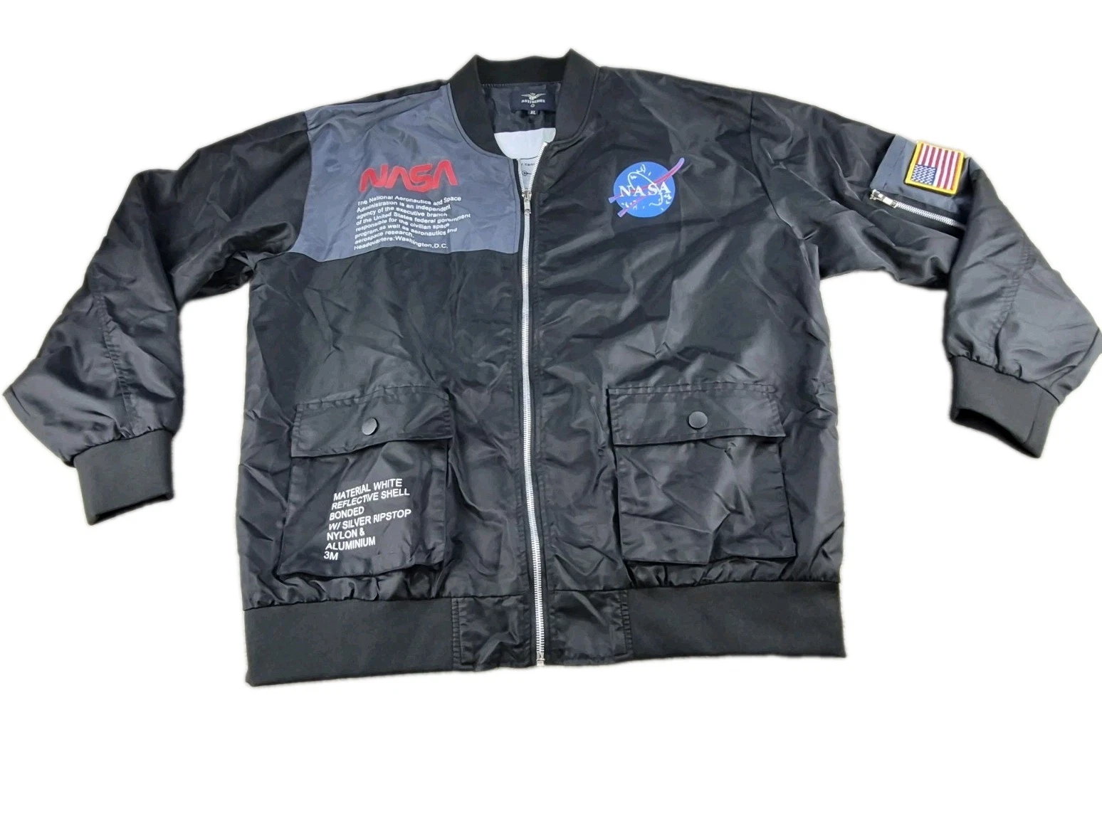 ASSTSERIES NASA Bomber Jacket Men Sz XL Black Flight Jacket Space Logo Polyester - product detail image 1