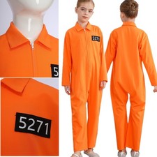 US Kids Prisoner Costume One Piece Jailbird Inmate Cosplay Halloween Jumpsuit