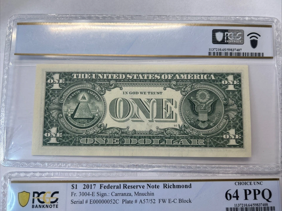 Sequential 2017 年 1 美元联邦钞票 RICHMOND 低序列号 51 & 52 PCGS 64 65 PPQ — 第 4/4 张图片