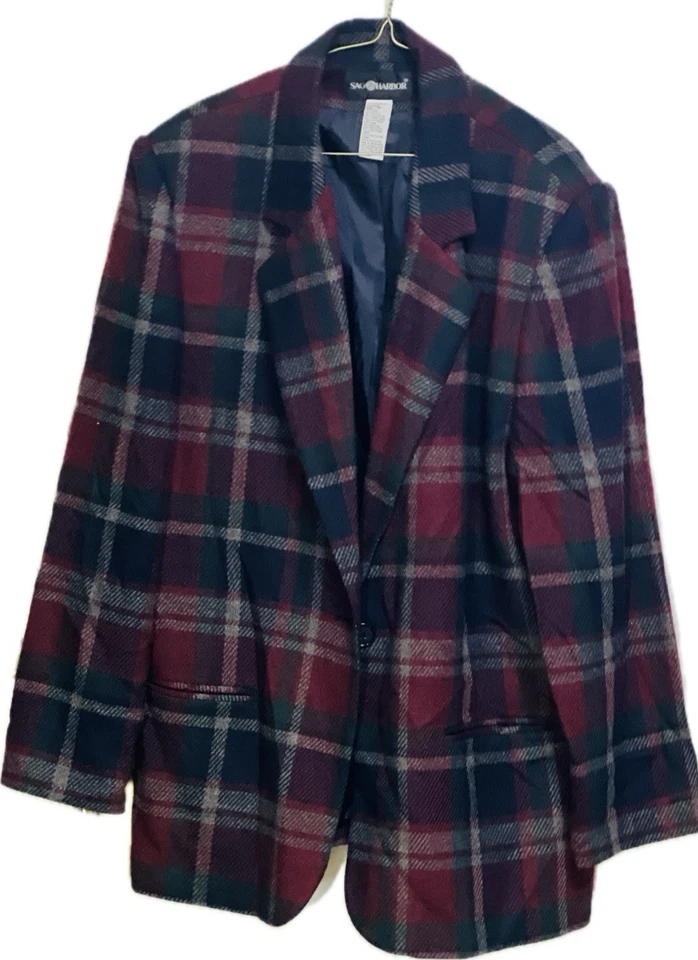 Y2K Sag Harbor Blazer Jacket Wool Blend Womens Size 18 Plaid Red Green 1 Button - Image 3 of 4