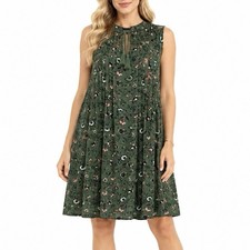 L Green Boho Chic Floral Paisley Shift Dress Tassel Festival Cottagecore Casual