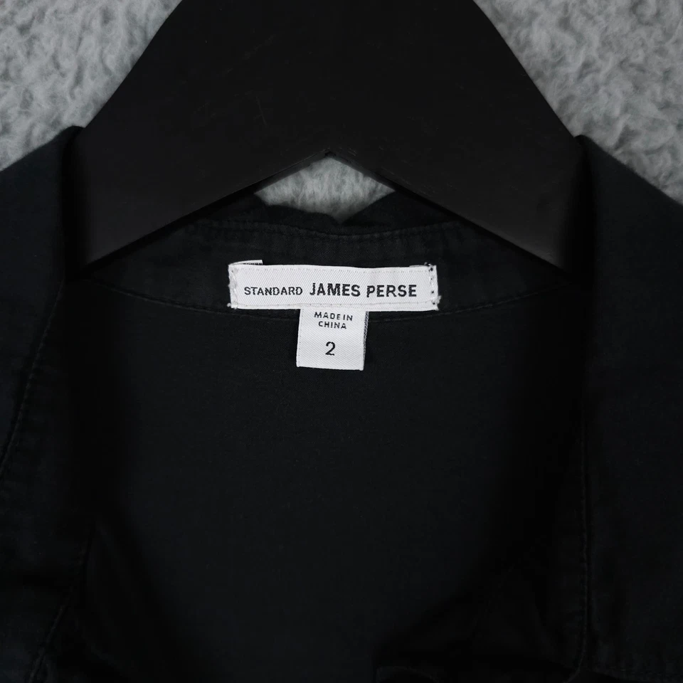 Camisa James Perse feminina 2 EUA M preta painel de contraste 3/4 rolo aba manga botão - Imagem 3 de 4