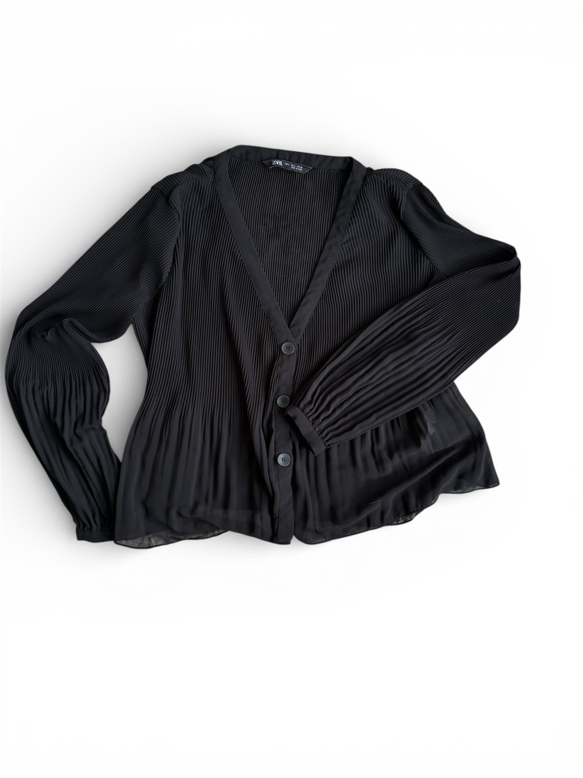 Zara Black Sheer Button Down Blouse Pleated Long Sleeve Size Large Women's Top
