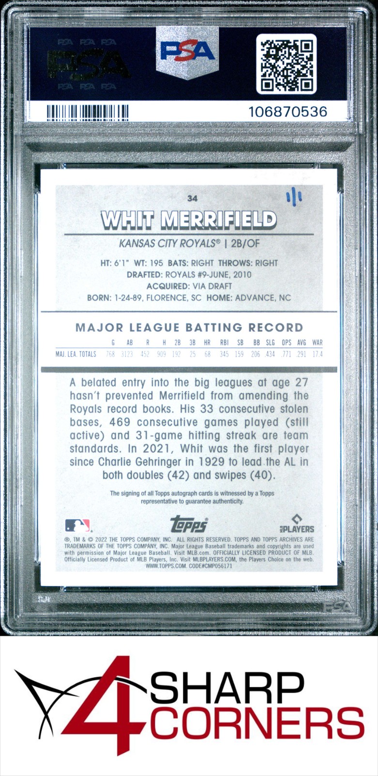 2022 TOPPS ARCHIVES SNAPSHOTS AUTO #34 WHIT MERRIFIELD BLACK BORDER 1/1 PSA 9 view 2