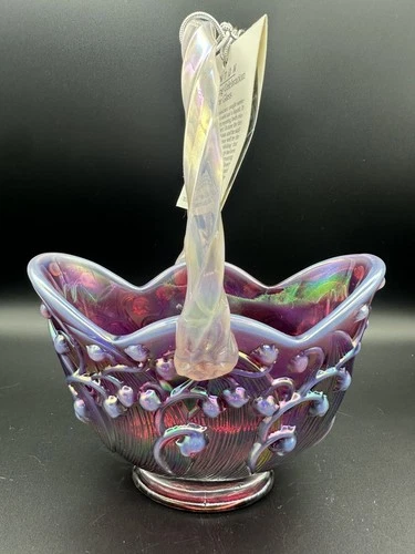 Fenton Rub Red /Purple Iridescent Lily Of The Valley Carnival Glass Basket 7.5"H