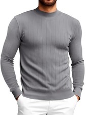 Mens Mock Turtleneck Sweater Slim Fit Casual Ribbed Knitted Large Gray
