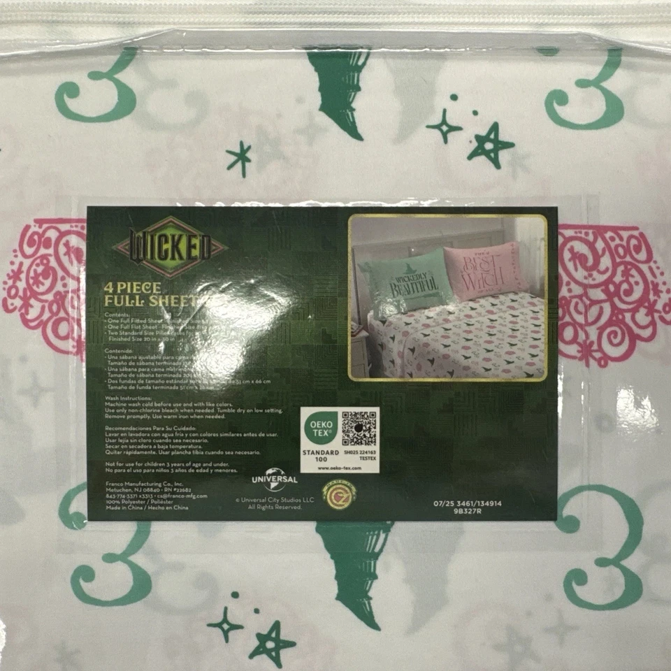 Juego completo de sábanas WICKED 4~ piezas de bruja de teatro musical + fundas de almohada de bruja de 2~ piezas nuevas con etiquetas Foto 4 de 4
