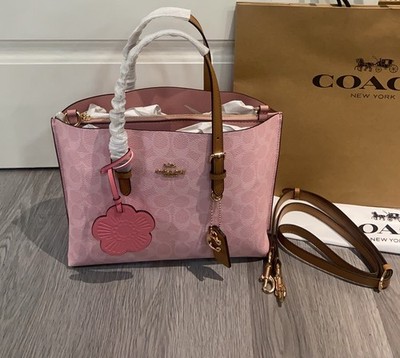 Coach Outlet Mollie Tote Bag 25 Signature Canvas Charms Gold Powder Pink CER24