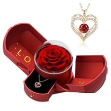 Preserved Rose with Heart Necklace, Eternal Real Rose, Romantic Rose Gifts Red