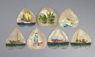 COLLECTION OF SEVEN 19TH C. CHINESE BODHI LEAF GOUACHE PAINTINGS.
