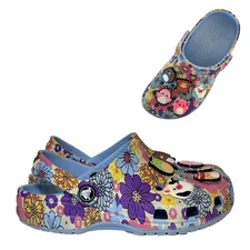 Crocs Kids Size C13 Clog Shoes Floral Retro Cartoon Charms Blue Pink Yellow