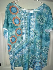 Time and Tru Women's XL Short Sleeve Top Blue/Green Multi Floral Rhinestone 