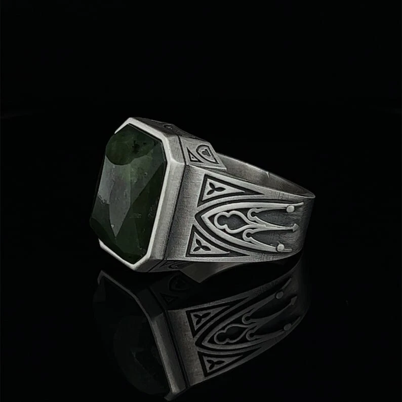 复古玉宝石男式戒指,纯银戒指复古印章戒指 — 第 2/4 张图片