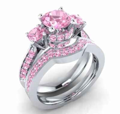 2.34Ct Baby Pink Round Cut CZ Wedding Ring Set In Solid 925 Sterling Silver