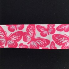 Pink White butterflies Grosgrain ribbon BTY 7/8"