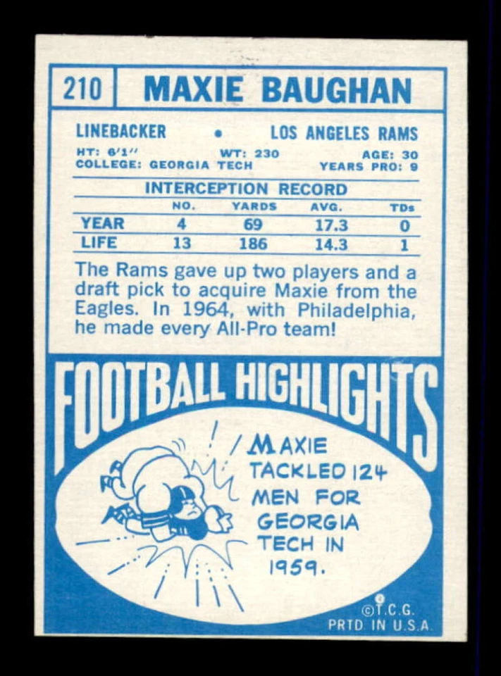 1968 Topps #210 Maxie Baughan VGEX LA Rams 563188 - Image 2 of 2