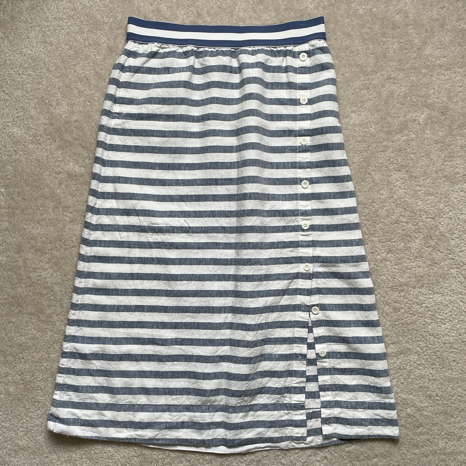 J Jill Linen A-Line Midi Skirt Size M Blue White Stripe Button Front