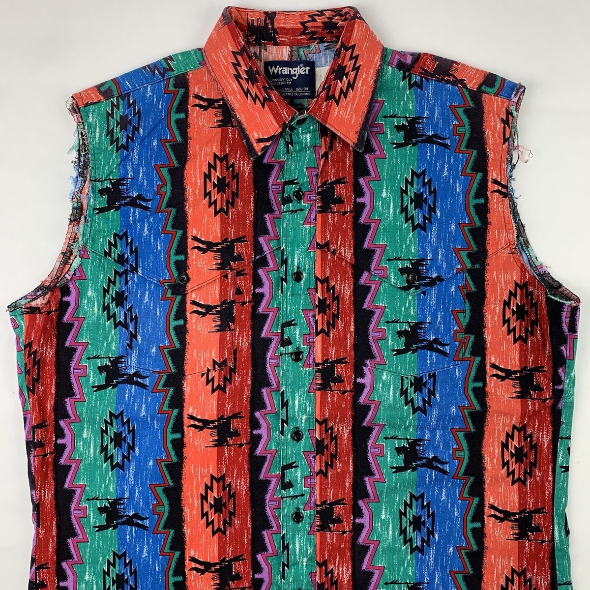 VTG Wrangler Cowboy Cut Sleeveless Button Shirt Sz 16 1/2