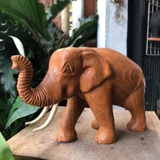 WOODEN Elephant Wood Carved Hand Made Figurine Statue Decor Sculpture Trunk Up