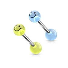 Smile Face Print Glow In The Dark Ball Surgical Steel Barbell Tongue Rings   
