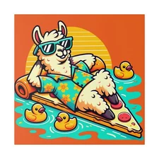Matte Canvas Wall Art Retro Llama Cartoon Chilling On Pizza Rubber Duckies Funny
