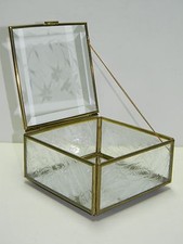 Jewelry/Trinket Box Brass  Bevel Glass Top Etched Flowers Frosted Leaves Side
