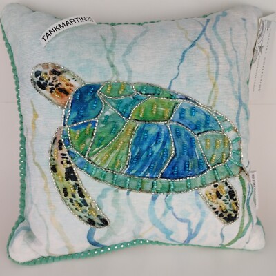 Coastal Collection Nautical Beach Beaded Sea Turtle Pillow 12'' x 12'' Blue Green