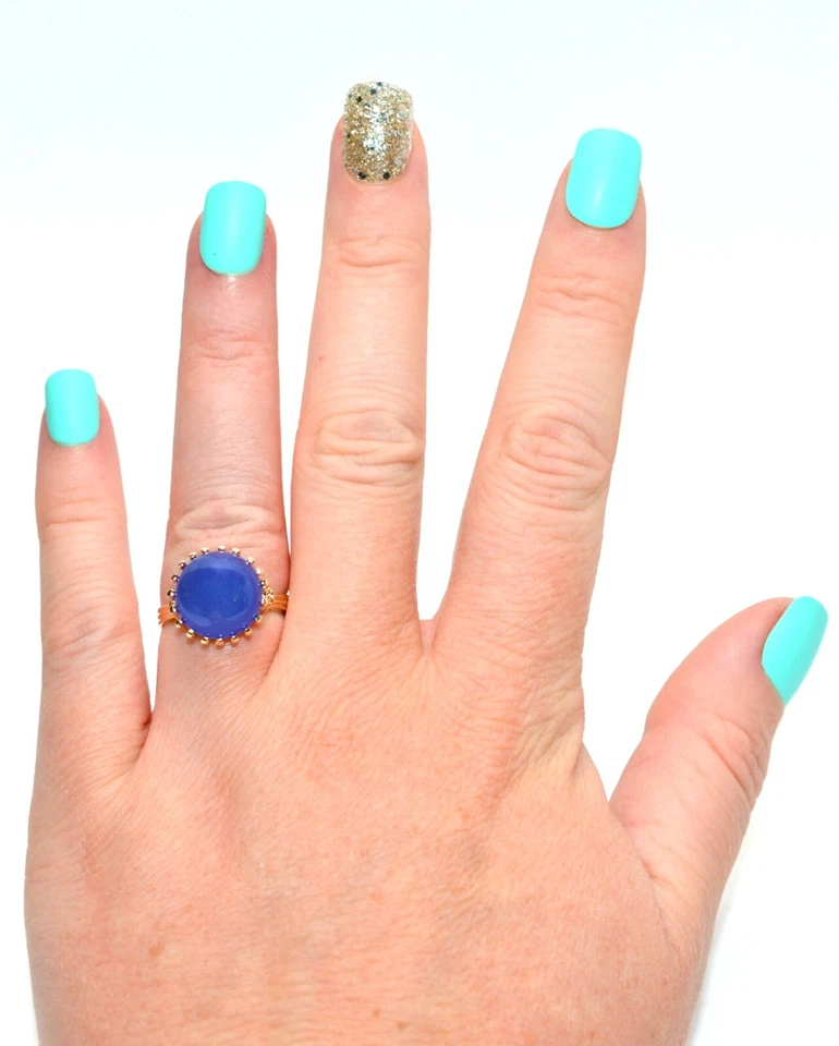 Anillo solitario de oro macizo de 14 quilates de ágata azul natural anillo llamativo cóctel Foto 2 de 4