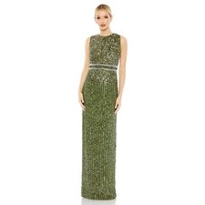 Mac Duggal SEQUINED HIGH NECK SLEEVELESS COLUMN GOWN in olive size 2