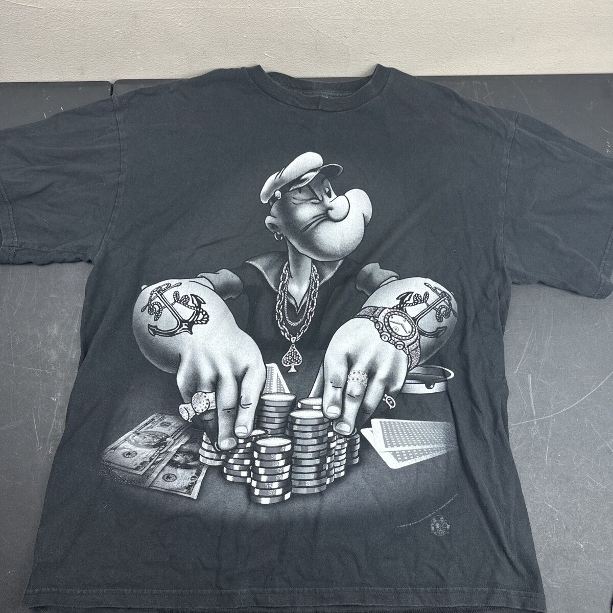 Dat Thirft　　　　　　　　【Ｖｉｎｔａｇｅ７０’ｓ】ＰＯＰＥＹＥ Vintage Popeye The Sailor Gangster Poker T-Shirt Size Large