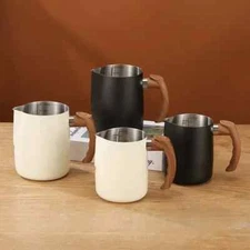 600/900ML Milk Frothing Pitcher with Precise Scale Wooden Handle Dripless Spout