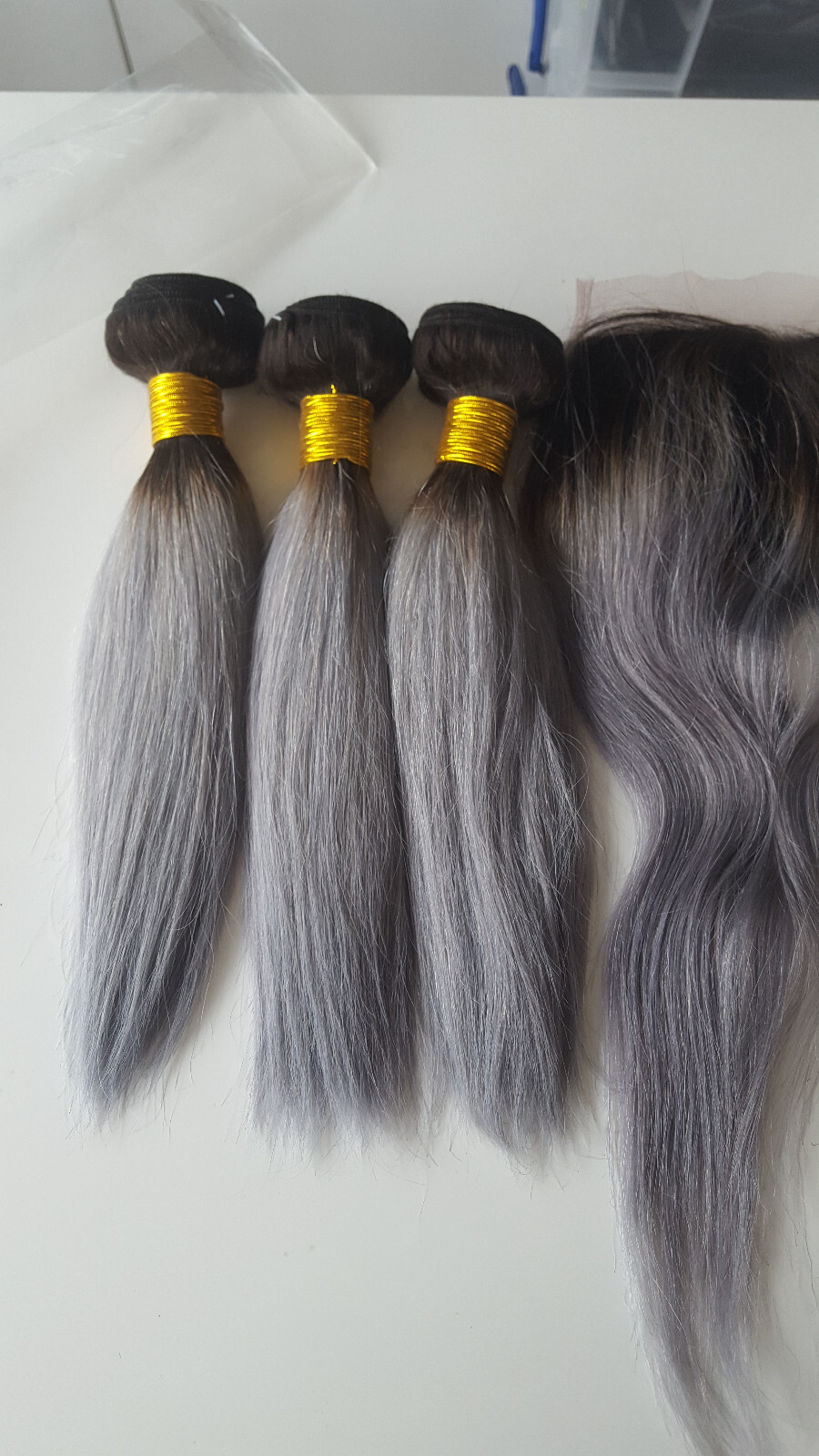 GREY ROOT OMBRE BRAZILIAN VIRGIN HUMAN HAIR STRAIGHT BUNDLES 12+12+12&12 CLOSURE