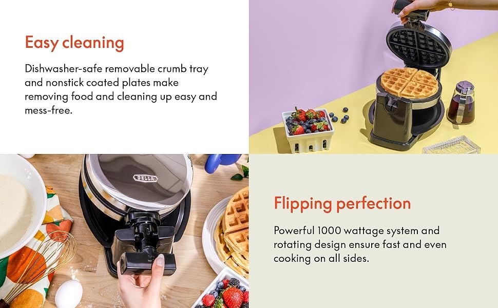 Classic Rotating Belgian Waffle Maker with Nonstick Plates and Removable Tray
