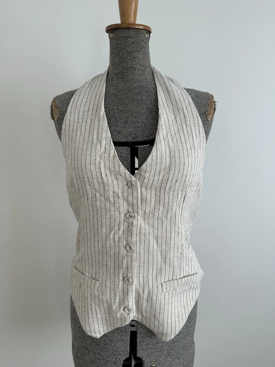 Lulu & Rose Onelle Waistcoat OffWhite Black Pin Stripe Halter Neck Top Cotton M
