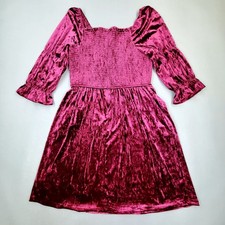 Tahari ASL Magenta Pink Crushed Velvet Smocked Dress Size 14 Puff Sleeve