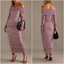 Anthropologie Off-The-Shoulder Mesh Maxi Dress Bodycon Ruched XS Pink White- NEW