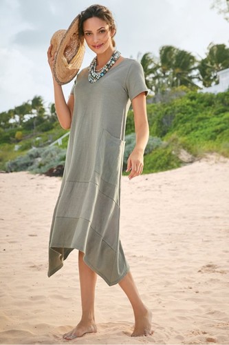 Soft Surroundings FAB! Loria Midikleid Baumwolle/Leinen mit Taschen in Overland Trek PM
