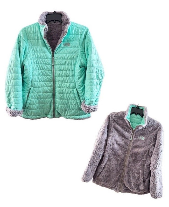 The North Face Reversible Mossbud Mint Green Gray Jacket Girl’s Size L (14-16)