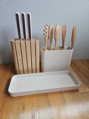 Caraway Cream 14-Piece Kitchen Prep Set Knives & Wooden Utensils