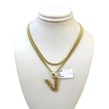 Real Gold 10k Chain Miami Cuban Link 2.5mm V Initial Charm Necklace Pendant SET