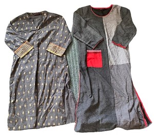 Rangmanch Kurta Tunic Top Dress Large Gray Blue Pineapple Split Hem Indian Boho