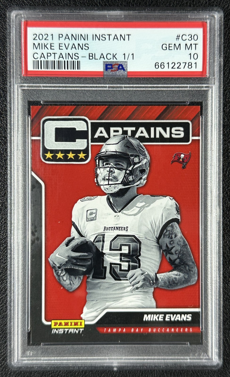 1/1 MIKE EVANS PSA 10 2021 PANINI INSTANT CAPTAINS #C30 BLACK 1/1 BUCCANEERS view 1