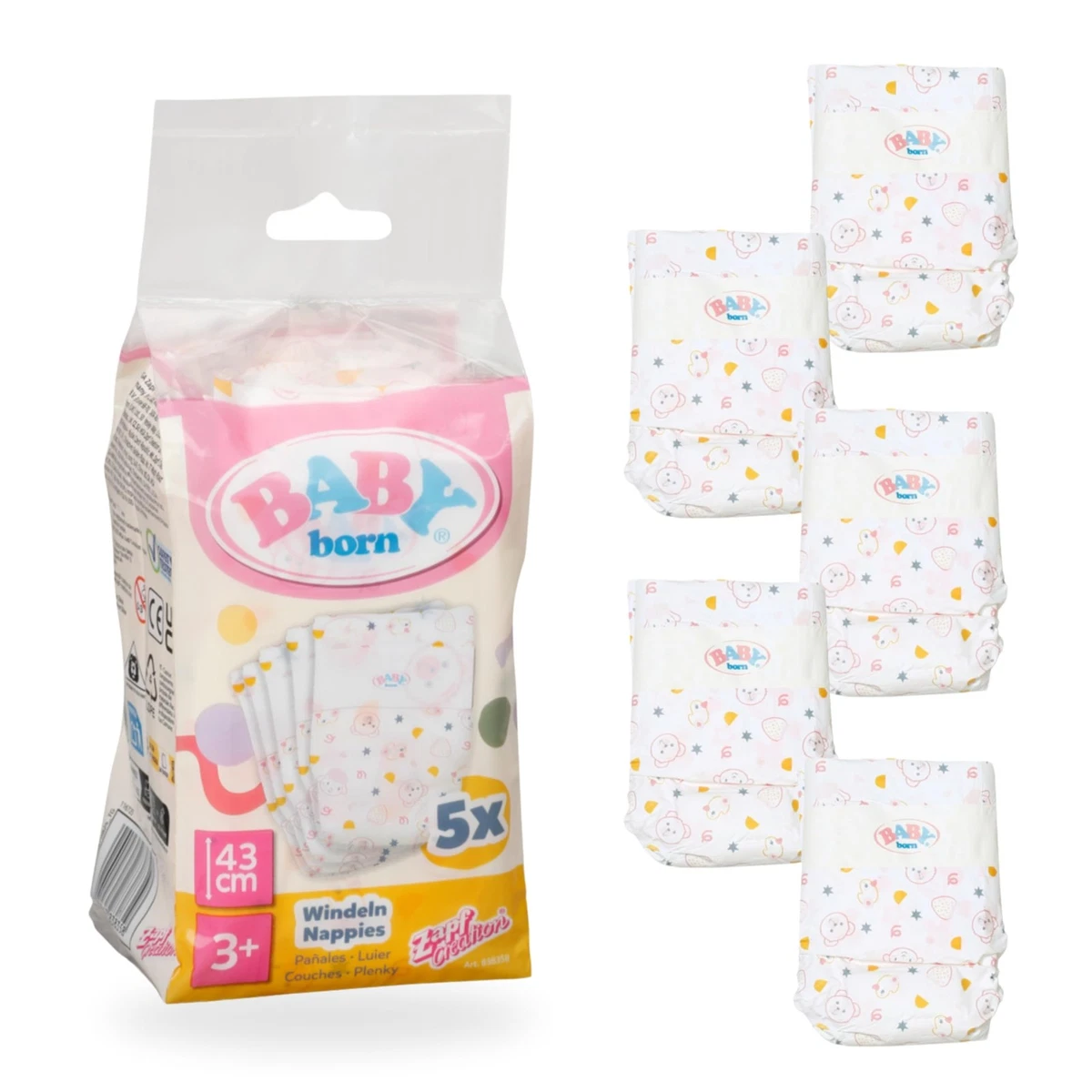 BABY born Doll Nappies 5 Pack, Reusable Toy Nappies for 43cm Dolls