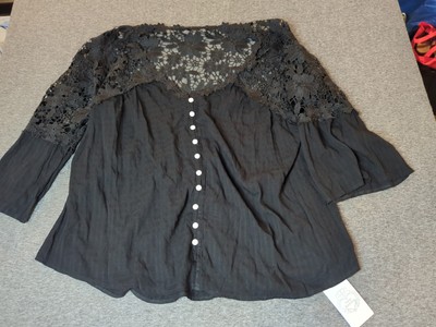 Floral Blooming Blouse Women Sz L Black Open Lacework 3/4 Sleeve Button Up